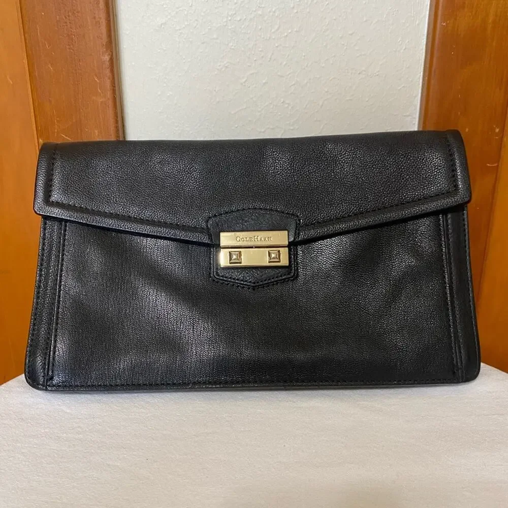 Cole Haan Black Leather Clutch Purse Bag Gold Hardware 12”x7”x1”
